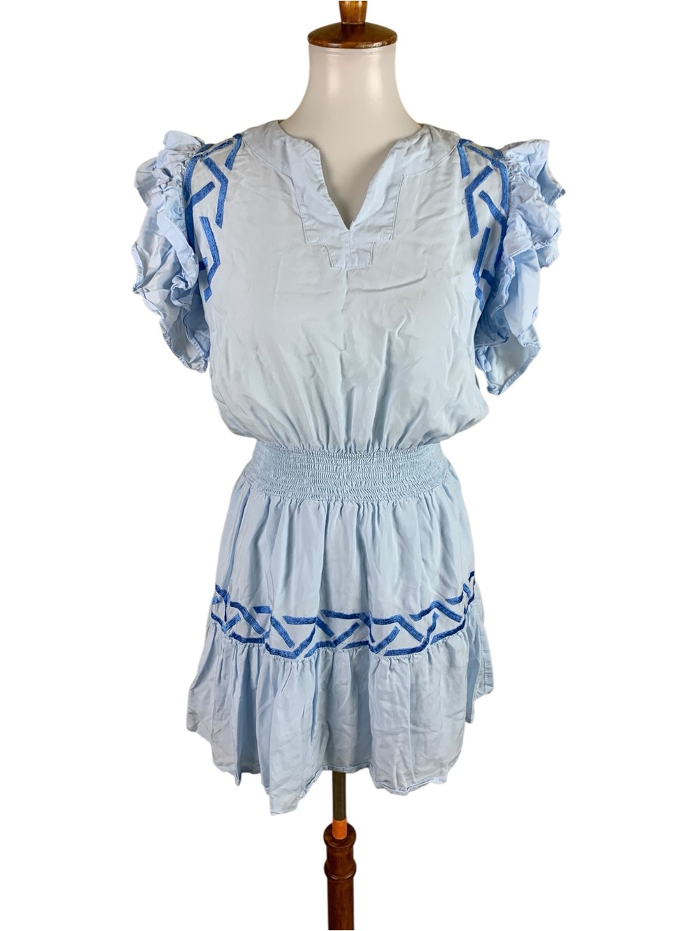 Emily McCarthy Light Blue‎ Embroidered Ruffle Sleeve Smocked Mini Dress XS